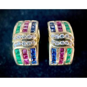 Earrings In Yellow Gold Set With 20 Brilliants, 16 Sapphires/emeralds/rubies Each