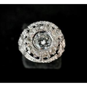 Bague XIX ème En Or Blanc Sertie d'Un Brillant d'1 Carat (vs) + 40 Diamants Taille Rose Et 8/8