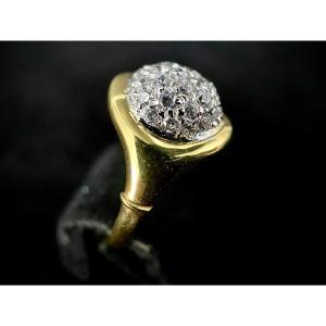 18k Two-tone Gold Ring With A Domed Shape Set With A Pavement Of Brilliant Diamonds Totaling 1.20 Carats