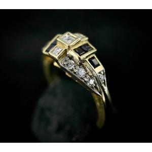 Bague Or Bicolore 18k Sertie De 0,60 Carat De Diamants Et 6 Saphirs