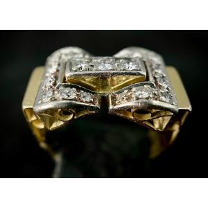 Tank Noeud Ring, 1940/50s Period, In Two-tone Gold, Adorned With 19 Diamonds Total: 0.88 Ct (si-g/h)