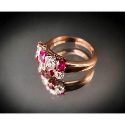 Bague Or Rose 18 Carats Rubis Et Diamants Taille Ancienne