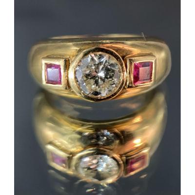 Bague Or 18 Carats Diamant 0,85 Carat Et Deux Rubis