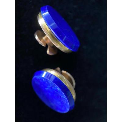 Boutons De Manchettes En Lapis Lazulis Sur Or Jaune 18 Carats. Diamètre: 20mm