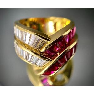 Bague Or Jaune 18k Sertie De 3,22 Carats De Diamants Et 3,68 Carats De Rubis