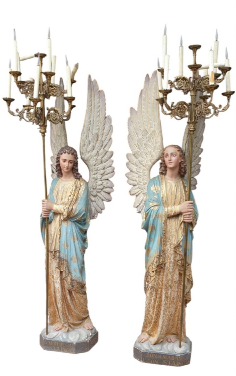 Exceptional Pair Of Torch-bearing Angels 