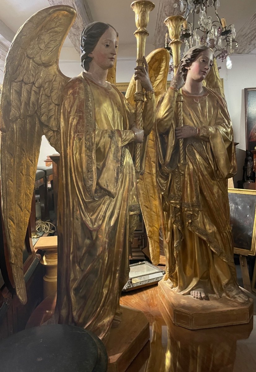 Pair Of Golden And Polychrome Torchere Door Angels-photo-2