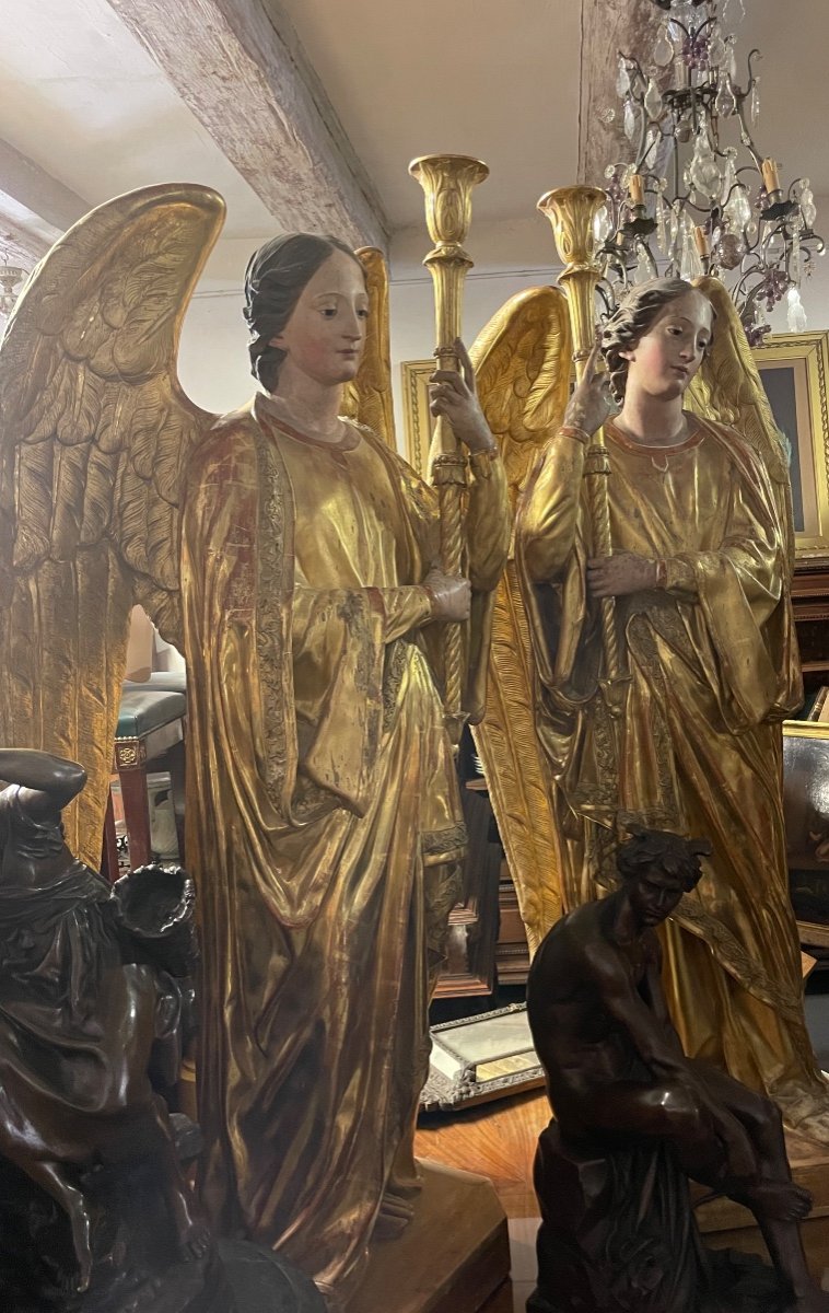 Pair Of Golden And Polychrome Torchere Door Angels-photo-3