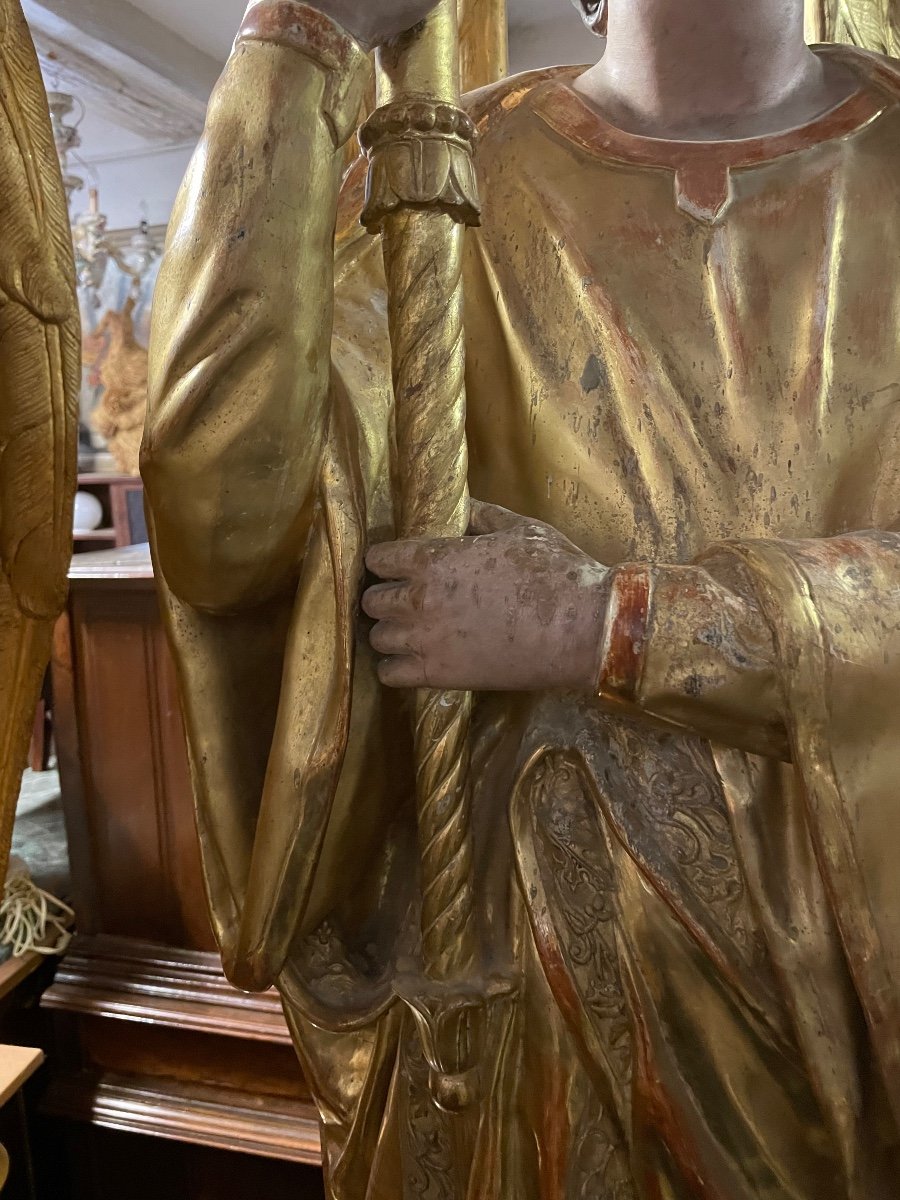 Pair Of Golden And Polychrome Torchere Door Angels-photo-2