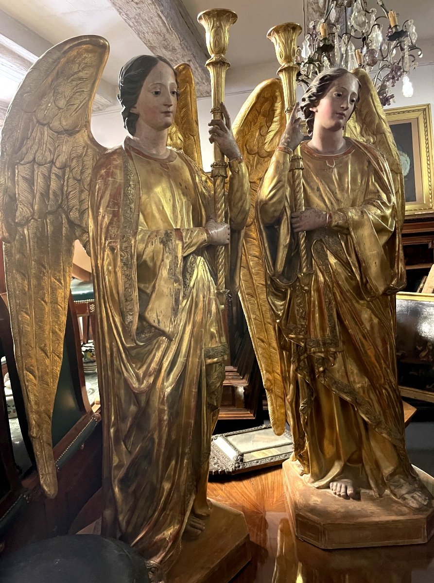 Pair Of Golden And Polychrome Torchere Door Angels