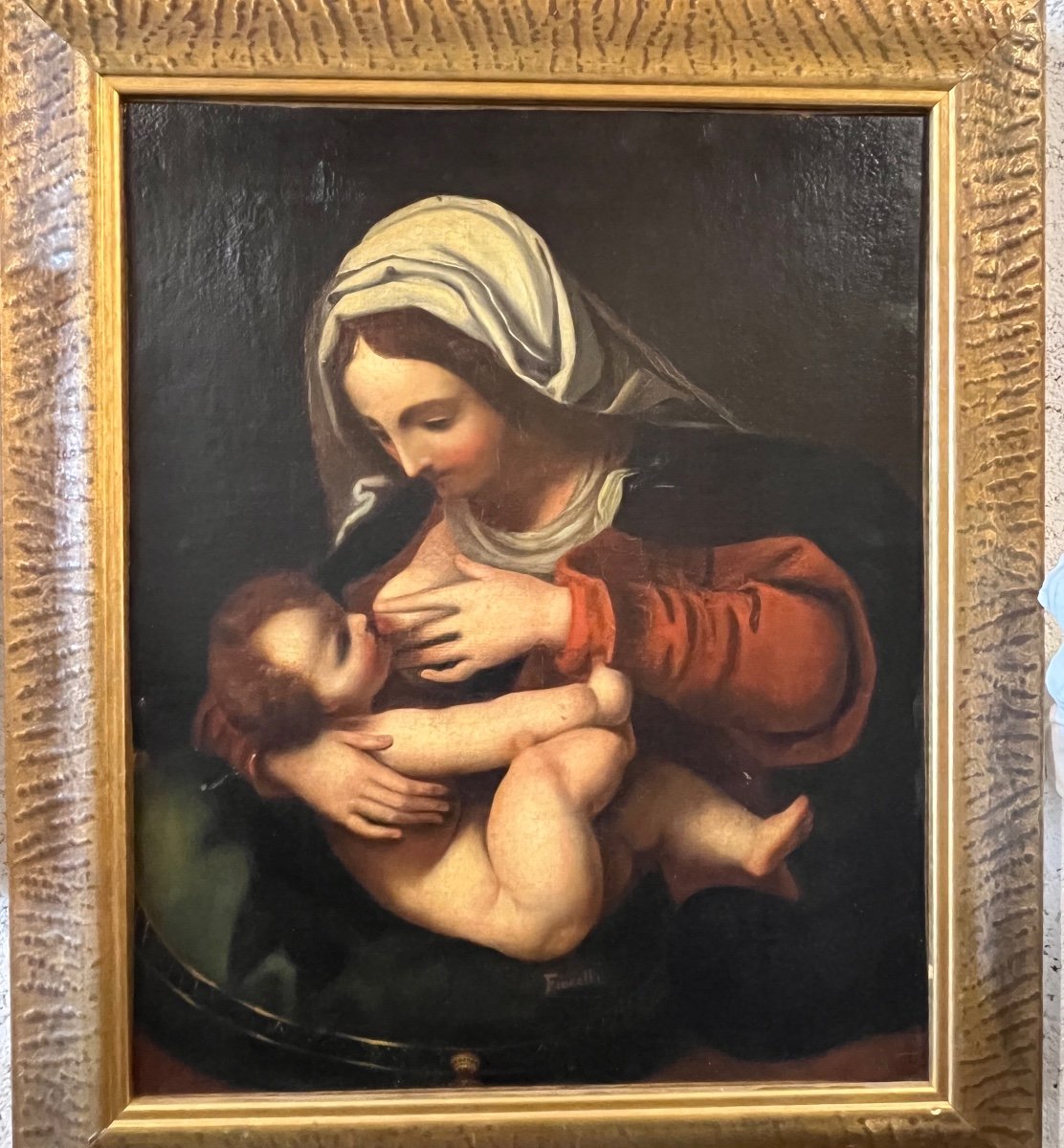 « la Vierge A L’enfant » ou « La vierge au coussin vert » Huile Sur Toile  signé Fiorelli