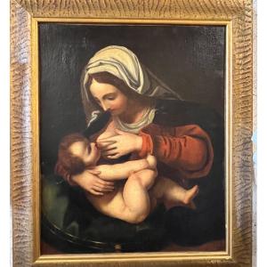 « la Vierge A L’enfant » ou « La vierge au coussin vert » Huile Sur Toile  signé Fiorelli