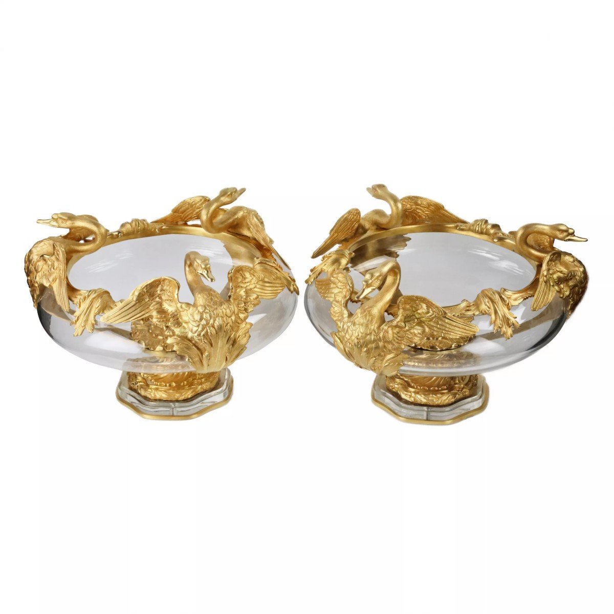 A Pair Of Round Vases In Cast Glass And Gilded Bronze With Swans Motif.-photo-3