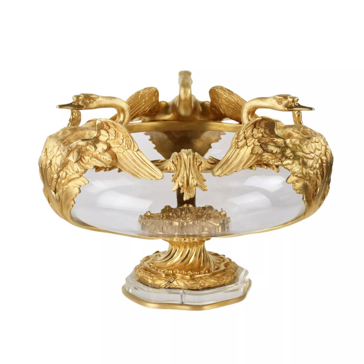 A Pair Of Round Vases In Cast Glass And Gilded Bronze With Swans Motif.-photo-2