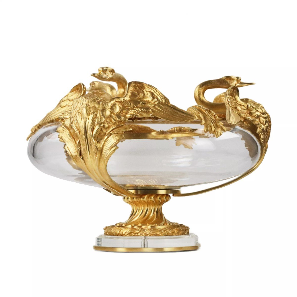 A Pair Of Round Vases In Cast Glass And Gilded Bronze With Swans Motif.-photo-3