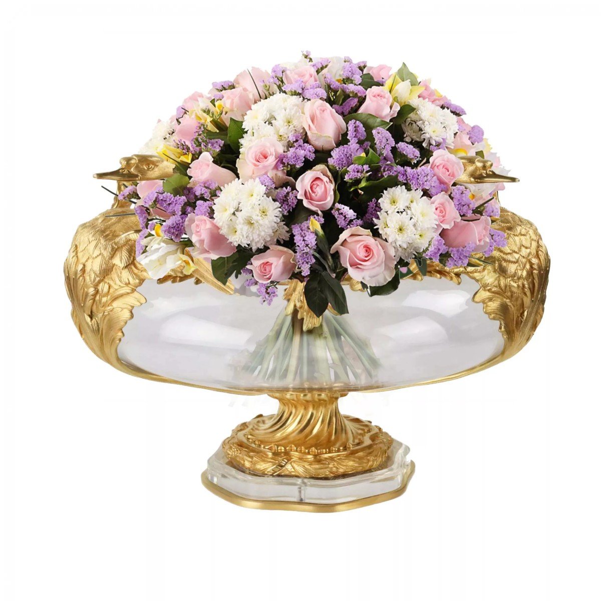 A Pair Of Round Vases In Cast Glass And Gilded Bronze With Swans Motif.-photo-4