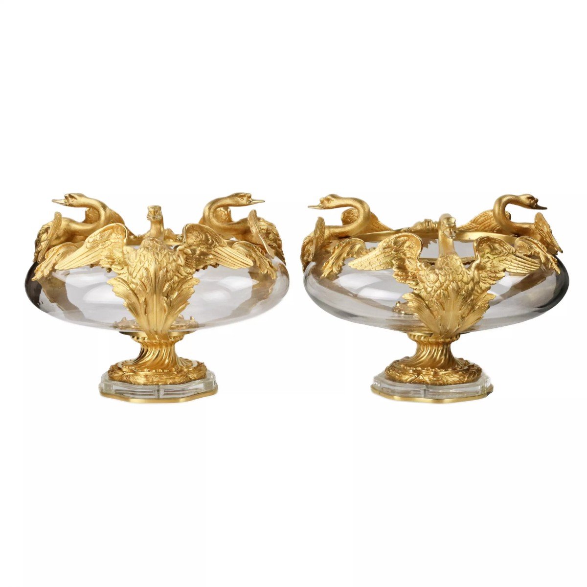 A Pair Of Round Vases In Cast Glass And Gilded Bronze With Swans Motif.