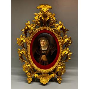 Painting On Porcelain. 19th Century. Frame H-55cm