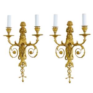 Pair Of French Gilt Bronze Sconces, Louis XVI Style, 19th Century.