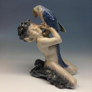 Figure ”faun With Parrot” By Danish Royal Porcelain 