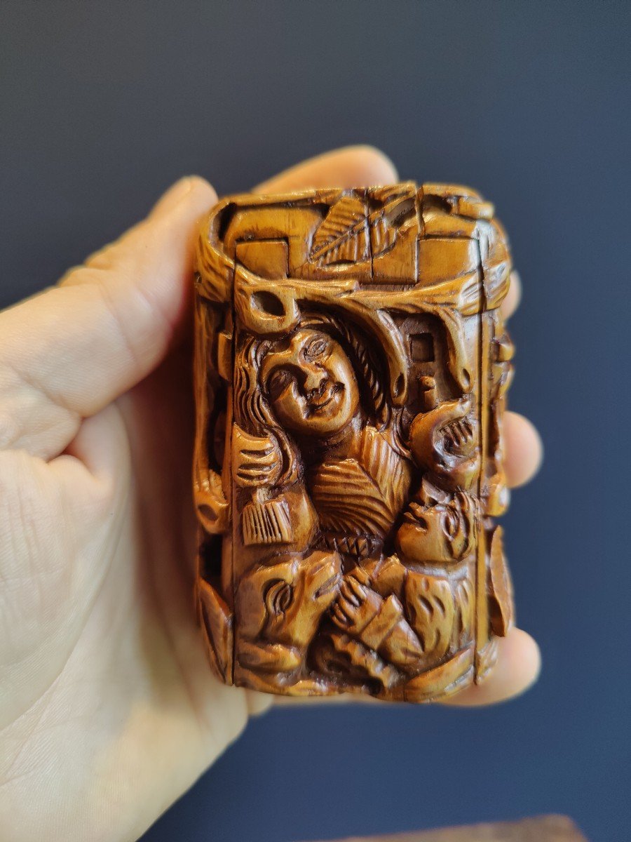 Exceptional Popular Art Snuff Box In Boxwood, 19th Century-photo-4