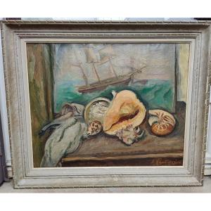Papandreou Georges Greek School, Still Life With Shells, Painting And Model