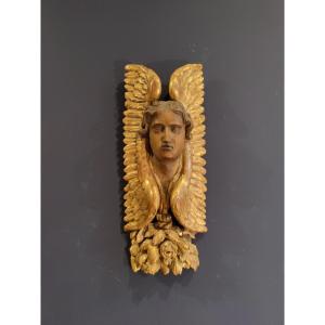 Bois Sculpté - Tête d'Ange Aillée France XVIIIe Siècle 