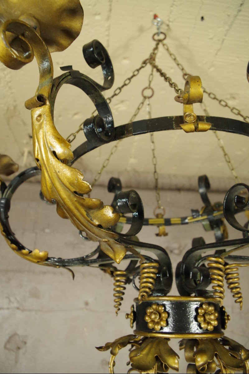 Large 19th Century Chandelier In Wrought And Riveted Iron Suspension Light Fixture-photo-2