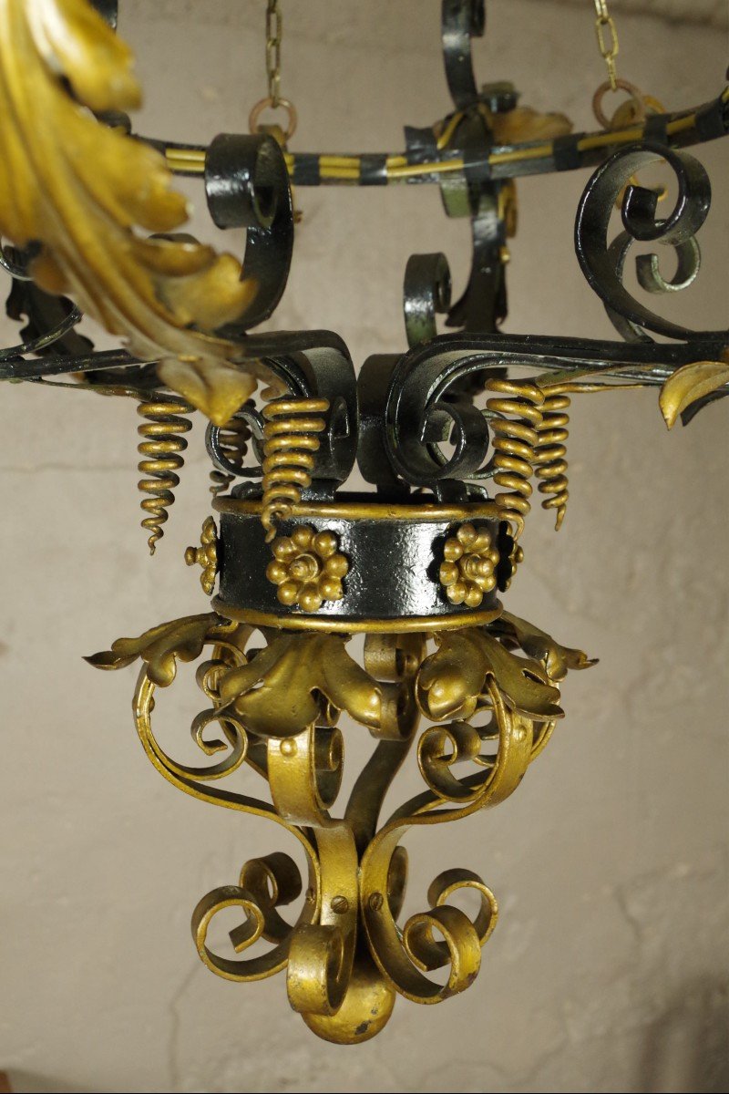 Large 19th Century Chandelier In Wrought And Riveted Iron Suspension Light Fixture-photo-3