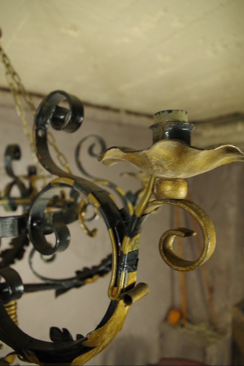 Large 19th Century Chandelier In Wrought And Riveted Iron Suspension Light Fixture-photo-2