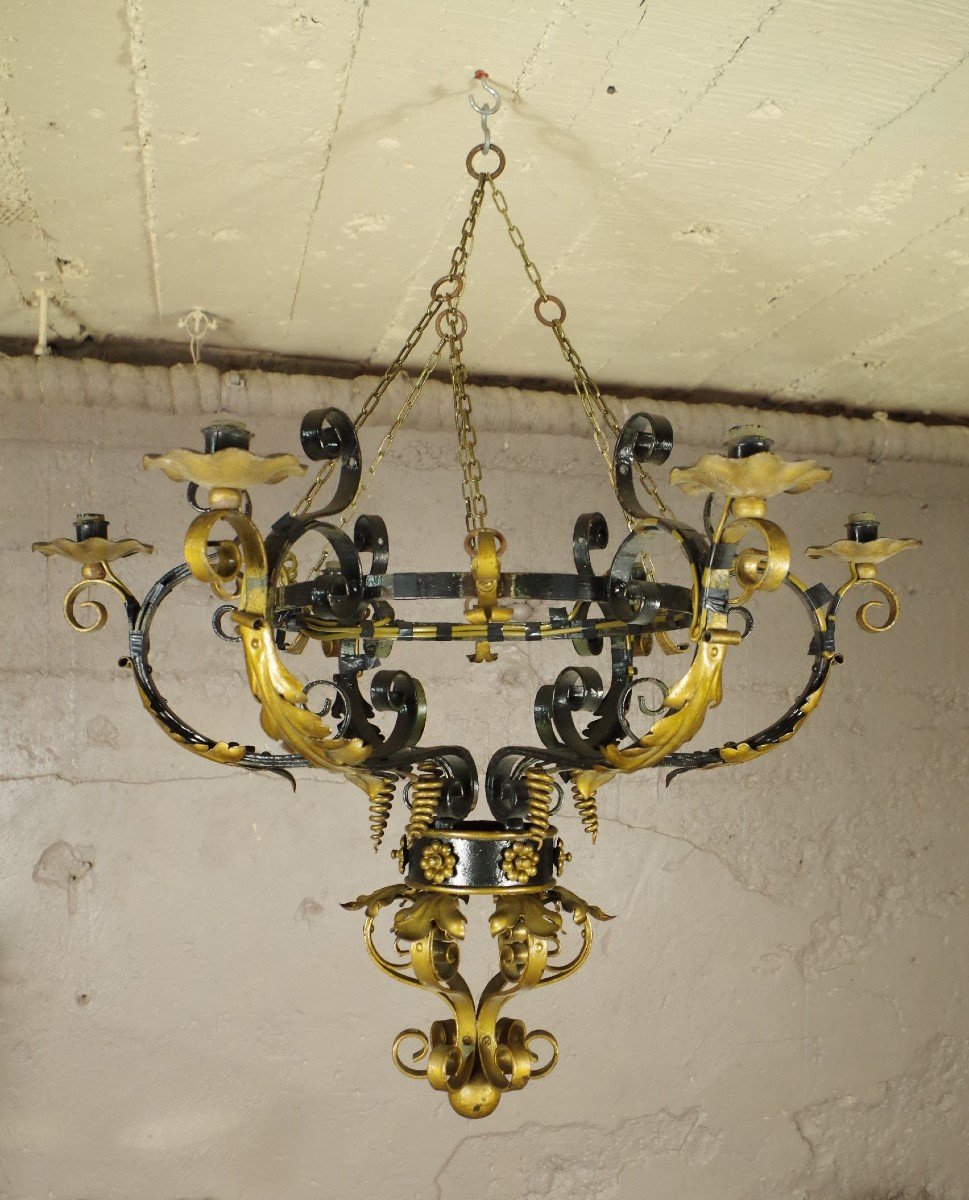 Large 19th Century Chandelier In Wrought And Riveted Iron Suspension Light Fixture