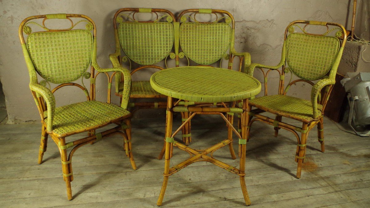 Rattan Lounge 1900 1920 2 Armchairs 1 Bench 1 Table. Winter Lounge