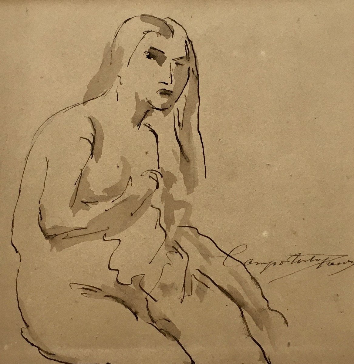 Henri Joseph Campotosto (Bruxelles 1833- Londres, 1910). " Nu". Dessin . Lavis