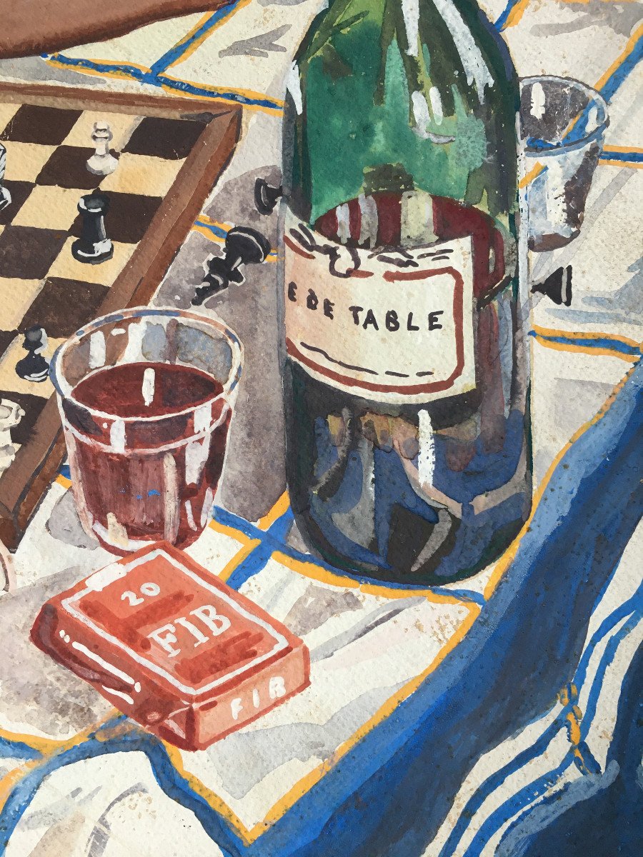 J.C Avril. " Partie d'échecs". 1945. Gouache.-photo-4