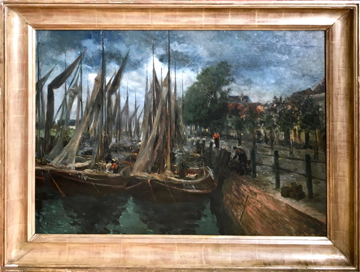 Gustave Flasschoen (1868-1940). "fishing Boats In Holland". Early Twentieth.-photo-2