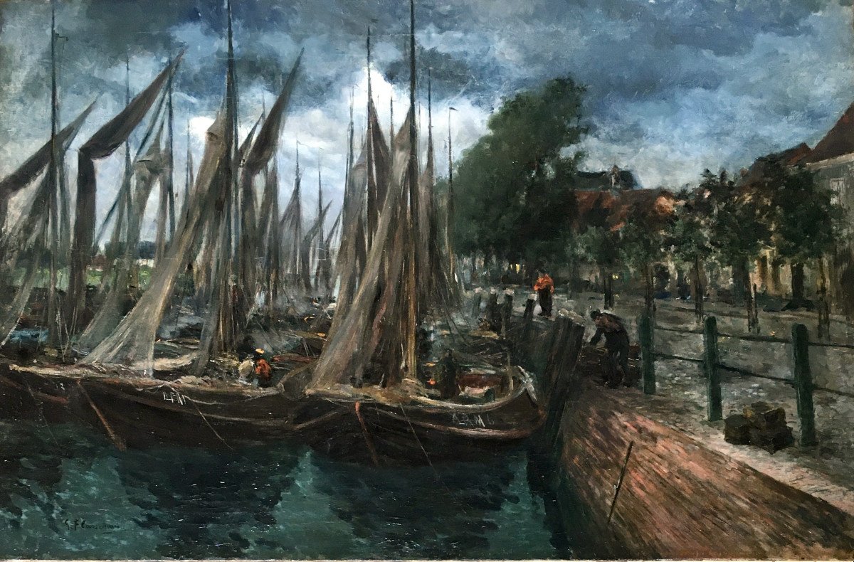 Gustave Flasschoen(1868-1940). "Bateaux de pêche en Hollande". Début XXe.