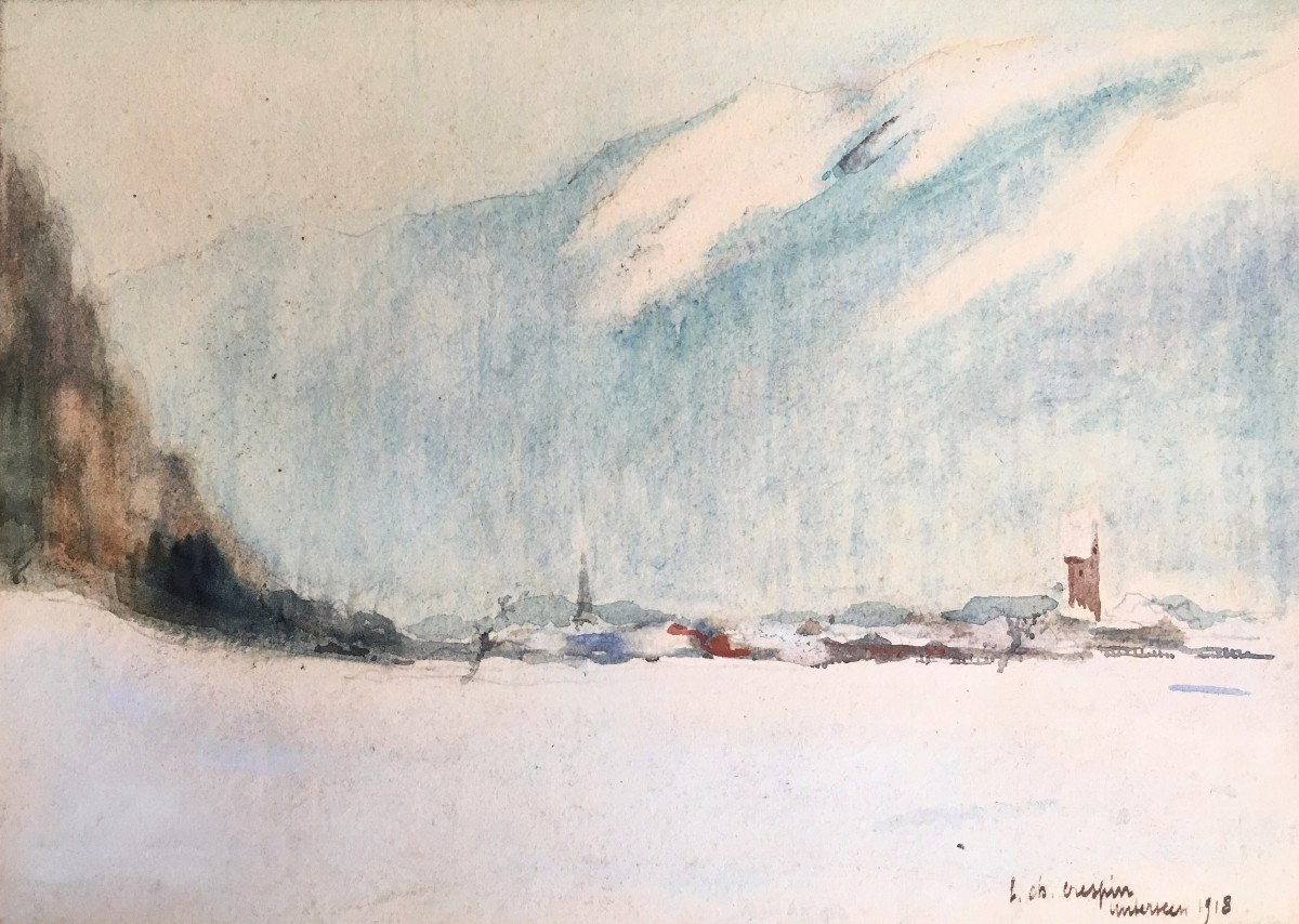 Louis Charles Crespin (1892-1953). " Le village de Unterseen sous la neige". 1918.