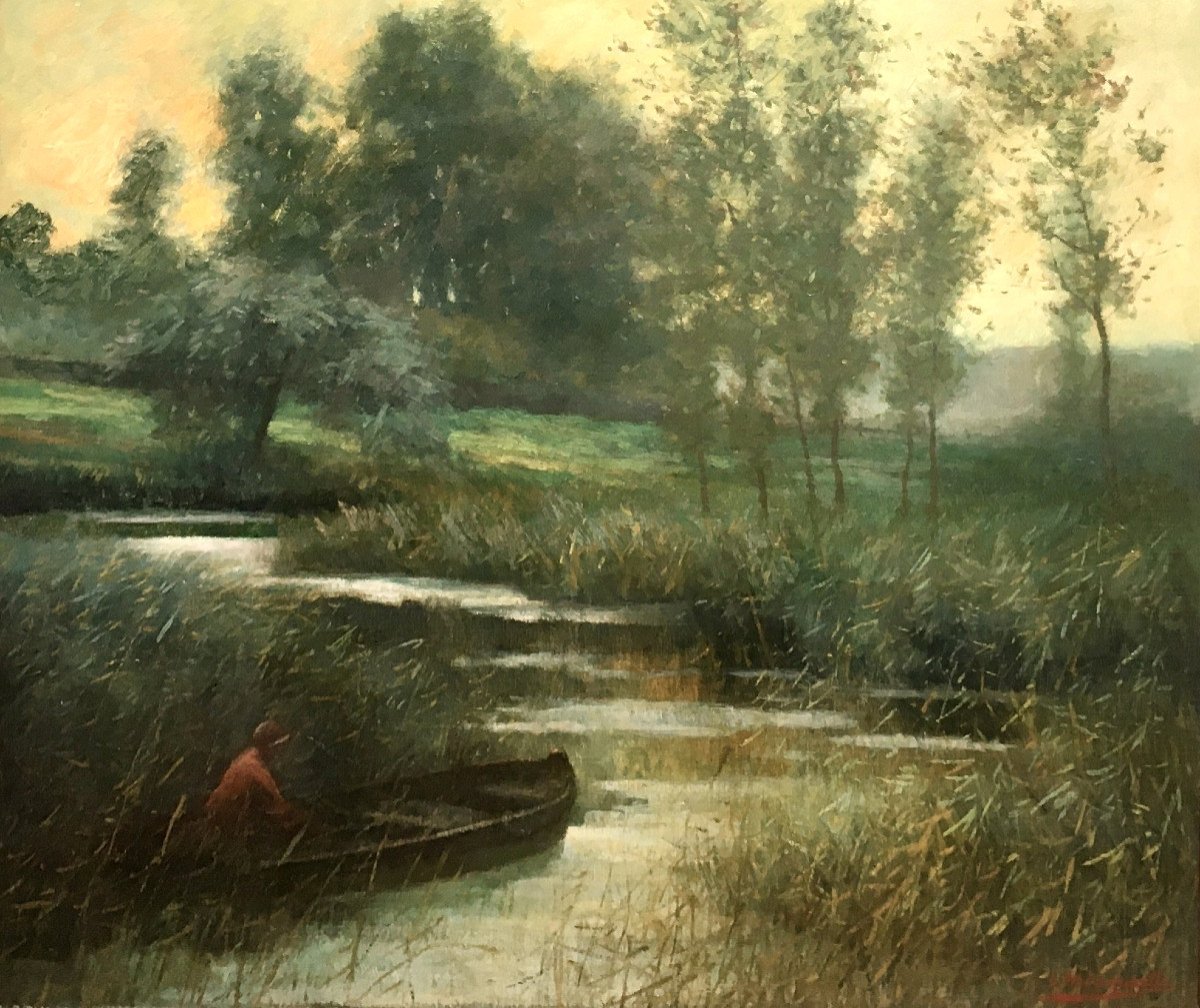 Georges Philippe Jacqmotte (Bruxelles,1876-1949). "Canotage sur la rivière". Impressionnisme.-photo-2