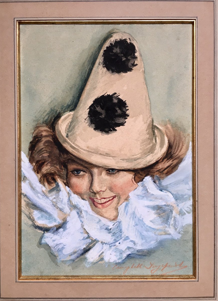 Portrait de femme en costume de Pierrot. Années 20. Signé.