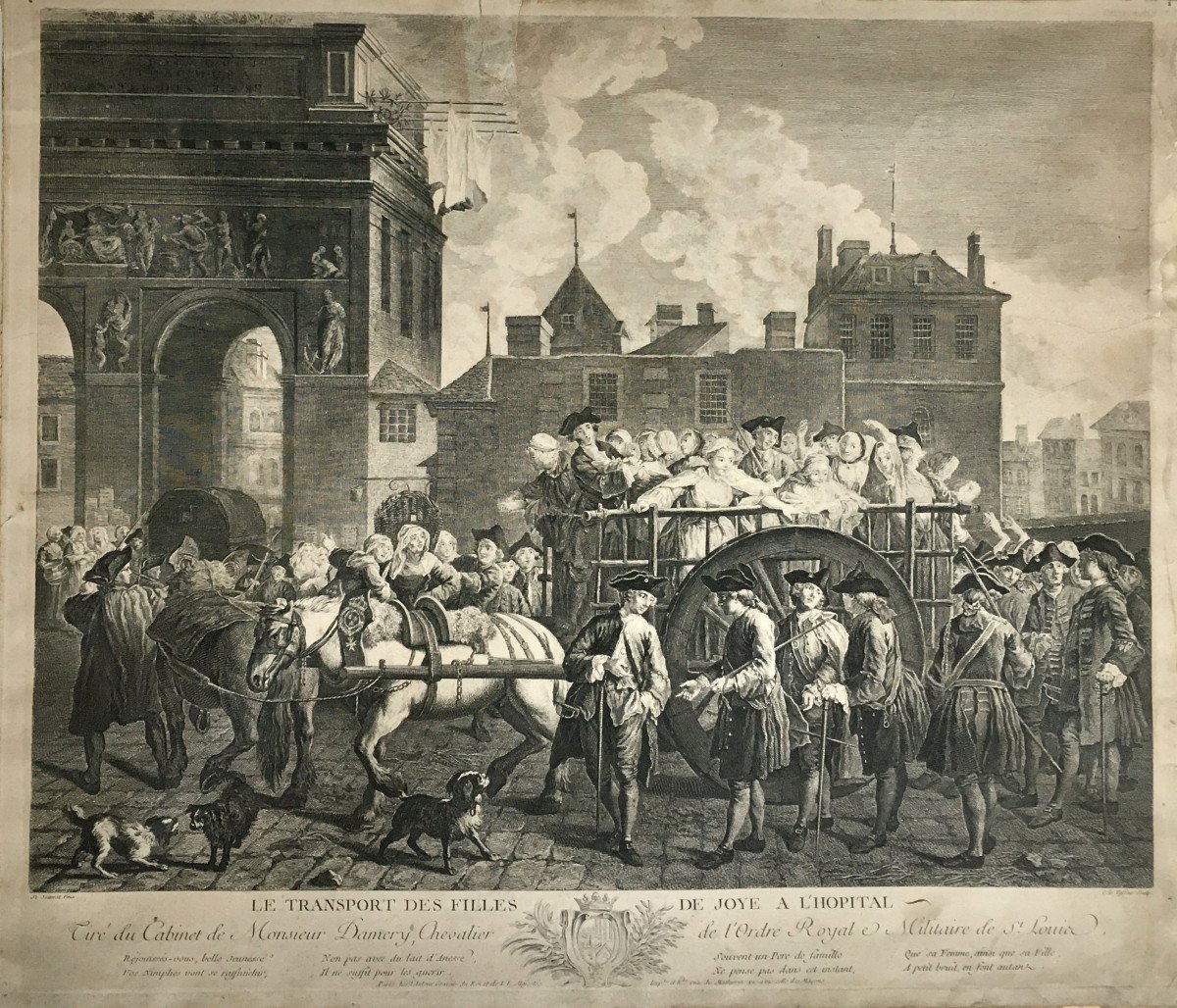 Jean-charles Le Vasseur (1734-1816). “transporting The Girls Of Joy To The Hospital”. 18th Century Engraving-photo-2