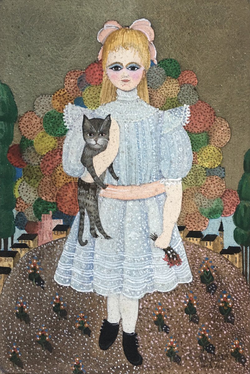 Naive Art. “little Girl With The Cat”. 20th. Sign.-photo-2