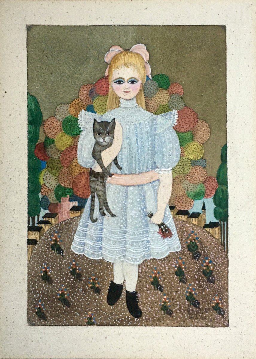 Art naïf . "Petite fille au chat". XXe. Signé.-photo-1