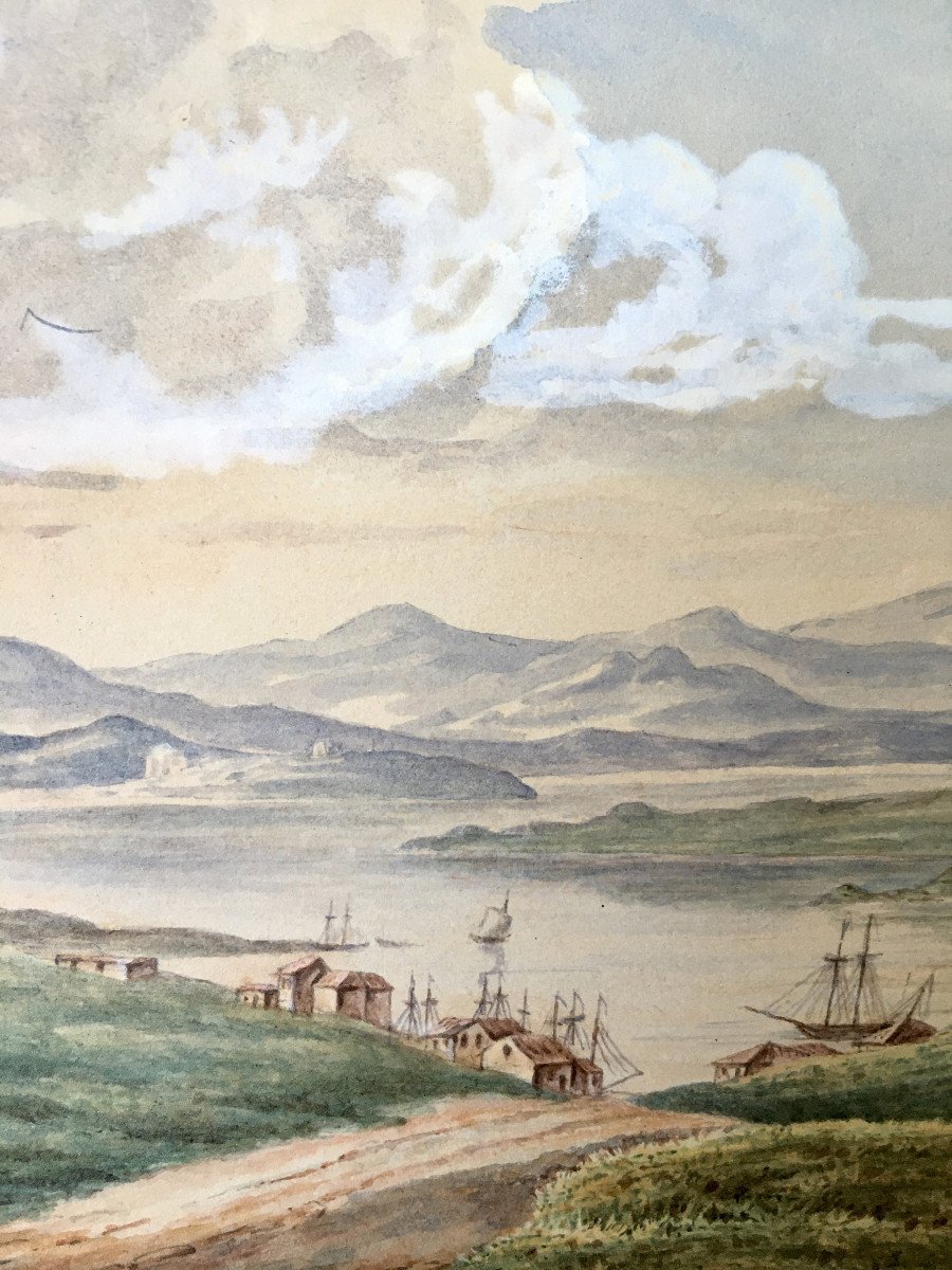 Watercolor. Circa 1850. "port Of Piraeus Near Athens". Sign.-photo-4