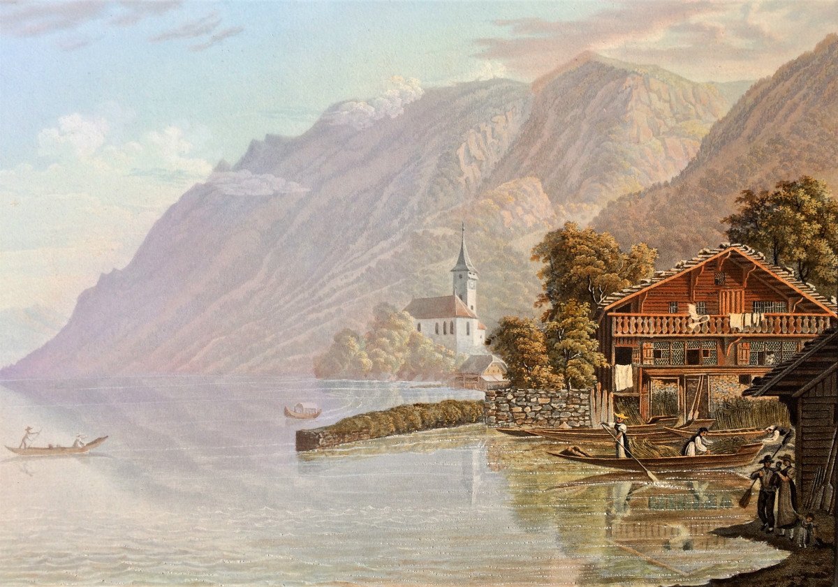 Samuel Grundman. "view Of The Lake And The Village Of Brienz". (canton Of Bern). Gouache Aquatint.-photo-2