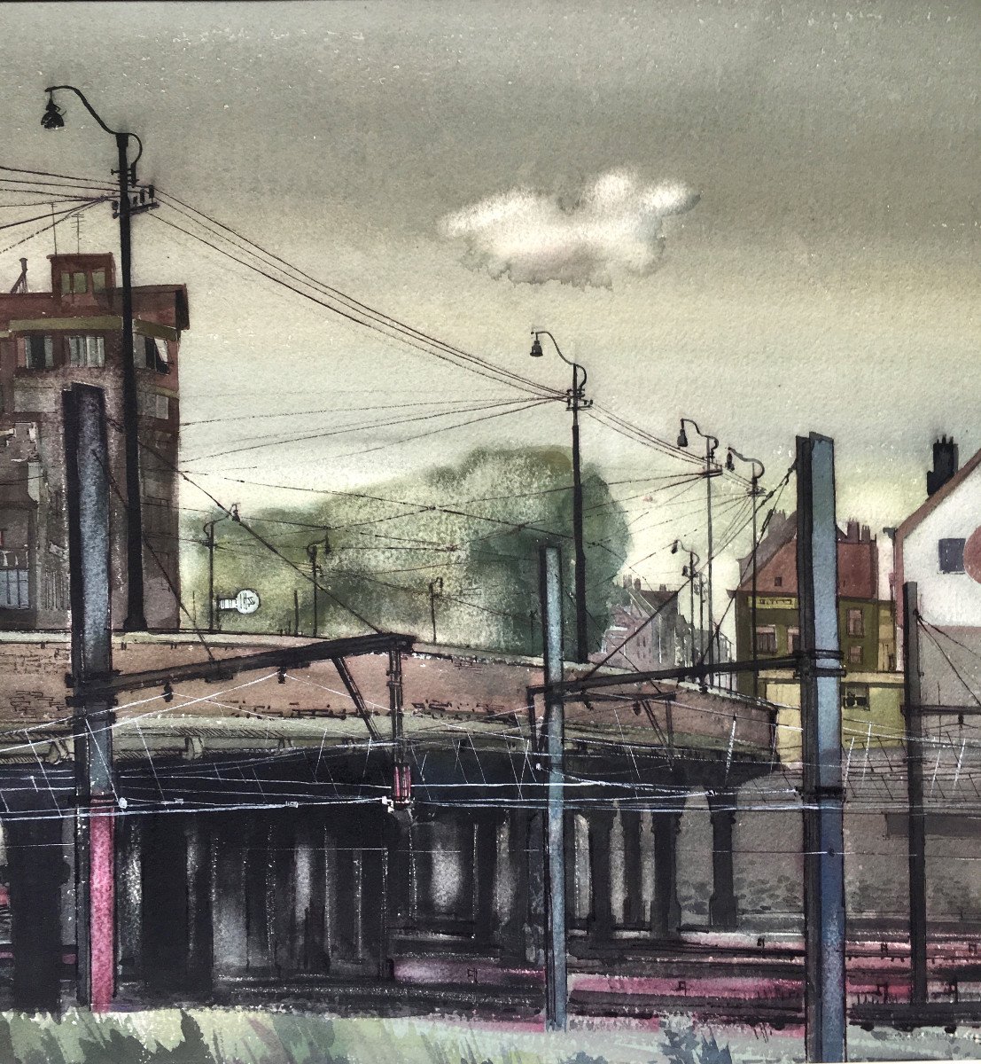 Pierre Willy De Muylder (1921-2013). “railway Landscape”. 1955. Surrealism.-photo-1