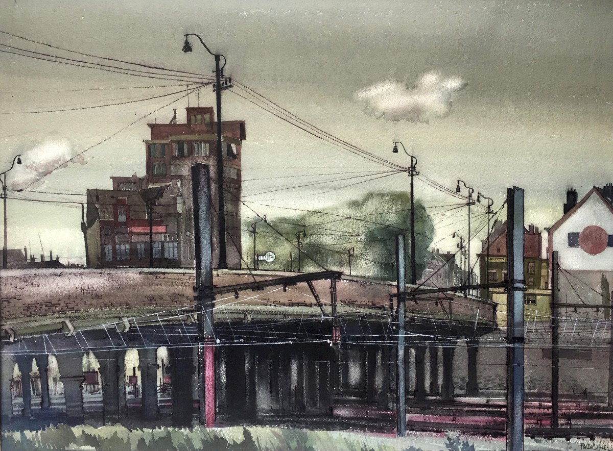 Pierre Willy De Muylder (1921-2013). “railway Landscape”. 1955. Surrealism.