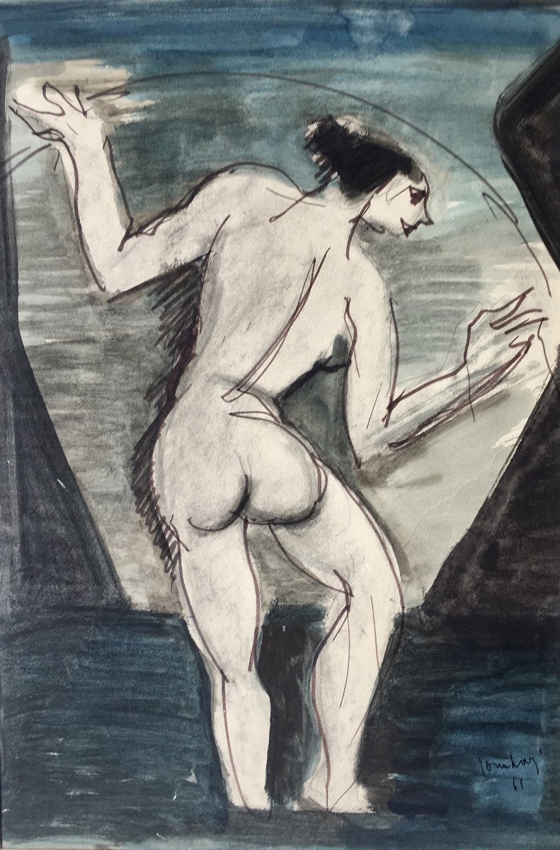 Charles Counhaye (Verviers, 1884 -Bruxelles, 1971). " Nu féminin". 1961.  Aquarelle.