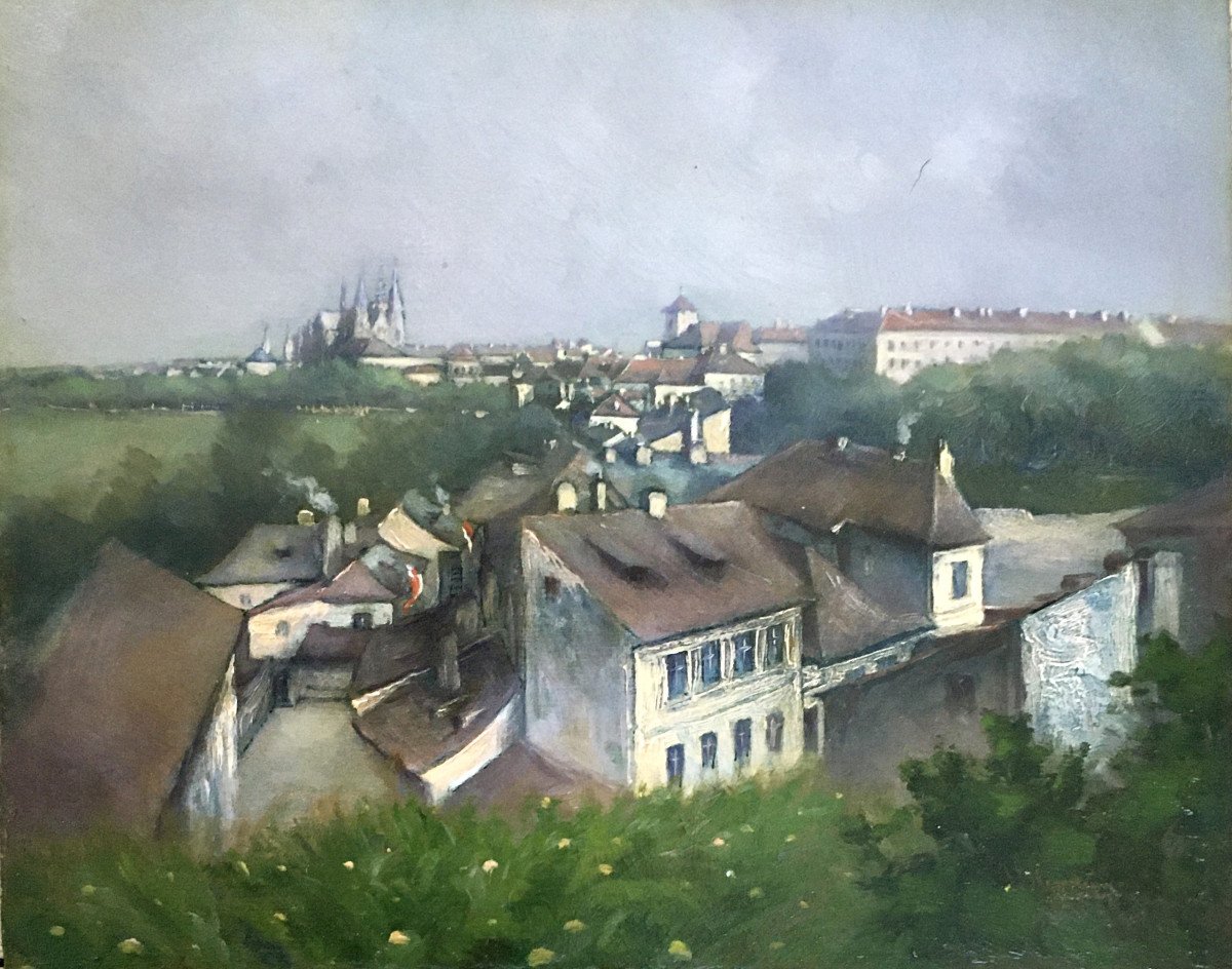 Bohumil Gottlieb Hradecny (1876-1960). "the Surroundings Of Prague Castle". Oil On Copper.