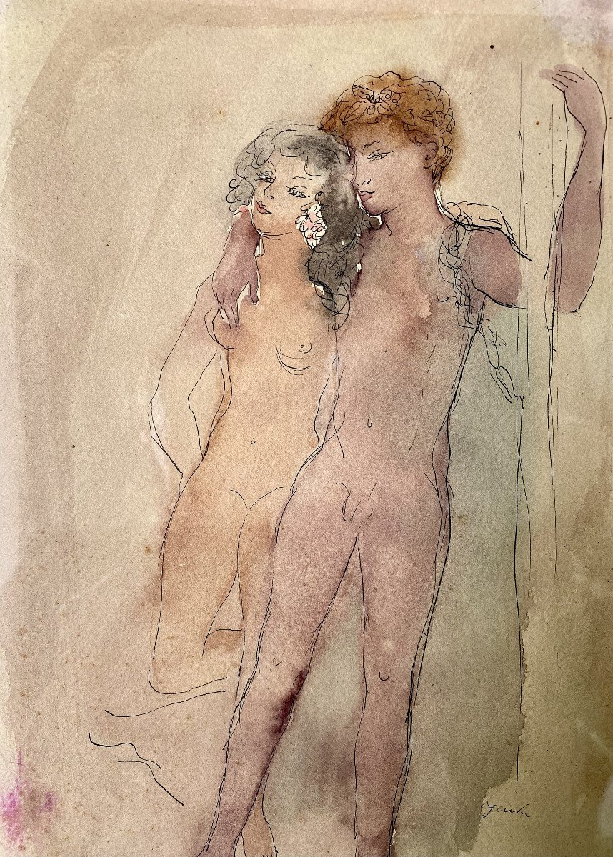 Pair Of Watercolors. "nudes". Circa 1940. Signed.-photo-1