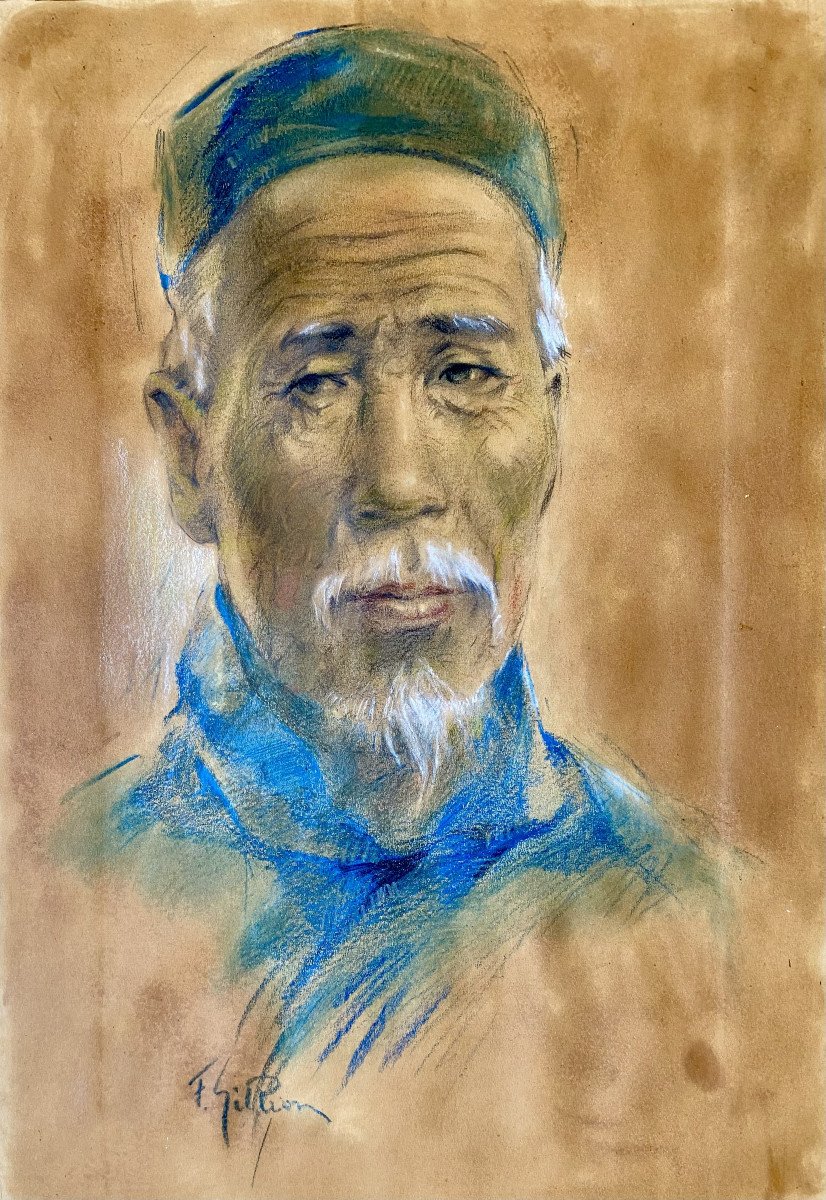 Fernand Gillion (19th Century - 1950). Pastel. “portrait Of A Chinese”. Around 1920.-photo-1